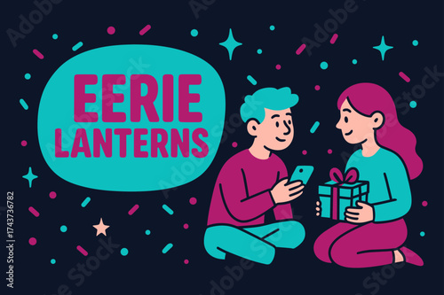 Eerie Lanterns Banner. Eerie Lanterns banner, flat vector illustration, bold oversized text inside rounded blob, cartoon characters sitting and chatting,