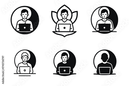 Harmonious Workstation Logos. A person working in a calm and peaceful environment. Set Logo of balance: yin-yang integrated with workstation. harmonious logo