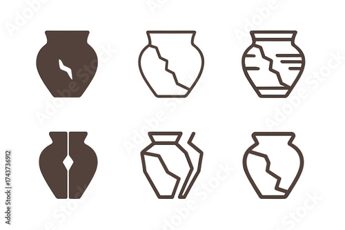 Cultural Heritage Logos. Lamenting the loss of cultural heritage. Set Logo of fractured pottery: broken ceramic piece with missing fragment. harmonious logo