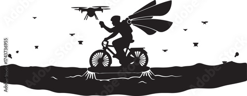 Silhouette of a winged figure riding a bicycle and controlling a drone against a stark white background with abstract shapes