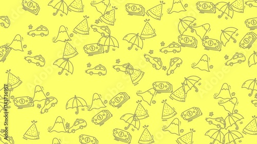 Doodle pattern of cars, umbrellas, tents, and coins. Perfect for childrens products, travel content, and financerelated designs.