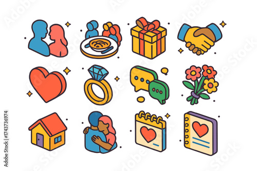 Relationship Icons Collection. Relationship Care. Colorful isometric vector icons set of relationship care: couple silhouette, shared meal, gift, handshake,