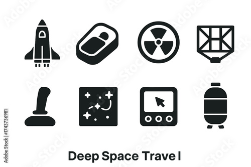 Deep Space Icon Set. Deep Space Travel. Filled icon set of Deep Space Travel: spacecraft, cryosleep pod,