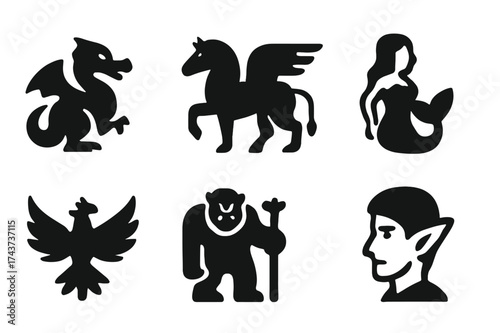 Fantasy Creatures Icons. Fantasy creatures. Filled icon set of Fantasy creatures: dragon, unicorn, griffin,