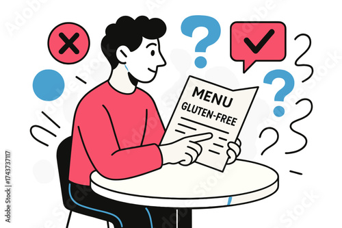 Gluten-Free Menu Elegance. Restaurant Options. A person sitting at a glowing table with a menu marked gluten-free, abstract floating icons symbolizing choice