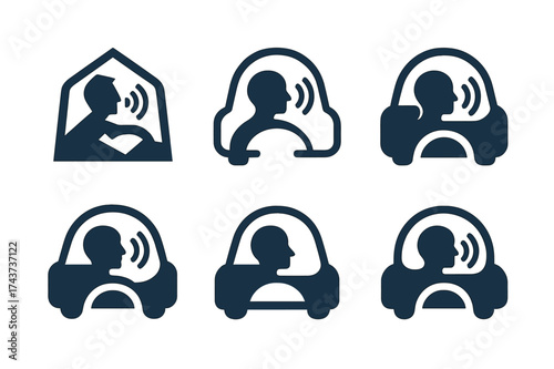 Driver Assistance Logos. In-car voice assistant prompt. Set Logo of driver assistance: person silhouette with sound waves inside car. harmonious logo