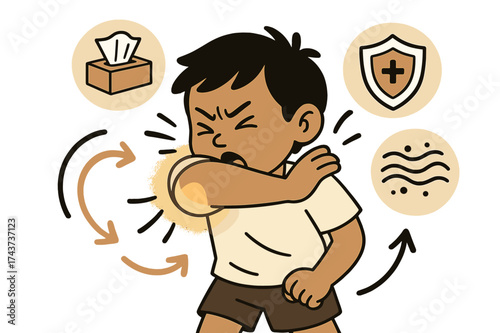 Sneezing Elbow Defense. Covering coughs. Child sneezing into glowing elbow with floating icons of tissues,