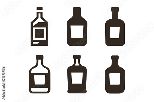 Whiskey Logo Variations. Alcohol. Set Logo of Alcohol: whiskey bottle. harmonious logo variations of the same emblematic concept, each with different artistic