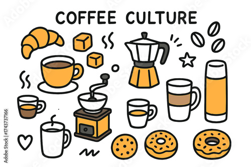 Coffee Lovers' Doodle. Coffee Culture. Hand-drawn doodle illustration coffee cup (colored), coffee beans, moka pot (colored), croissant, sugar cubes (colored),