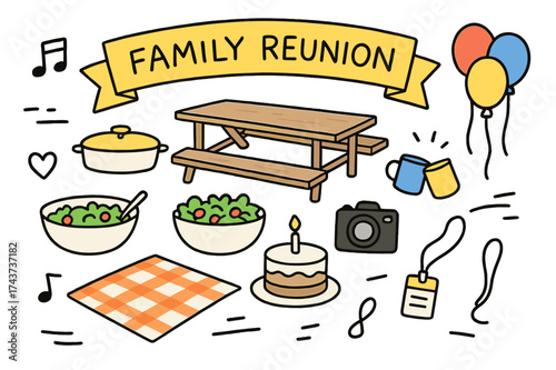 Family Reunion Celebration. Family Reunion. Hand-drawn doodle illustration welcome banner (colored), long table, picnic blanket (colored), casserole dish,