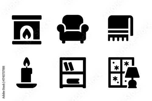 Cozy Home Icons. Cozy Holiday Home. Filled icon set of Cozy Holiday Home: fireplace, armchair, blanket, rug,