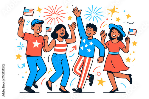 Patriotic Celebration Scene. Wearing patriotic clothing for a holiday. A group of smiling characters dressed