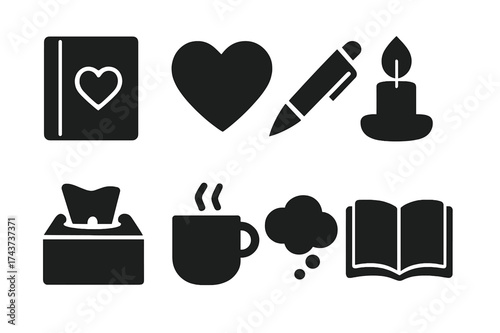 Therapeutic Writing Icons. Therapeutic Writing. Filled icon set of Therapeutic Writing: notebook, heart, pen,