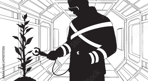 Silhouette of a person in a futuristic uniform tending to a small plant with a device in a sterile laboratory or spaceship corridor