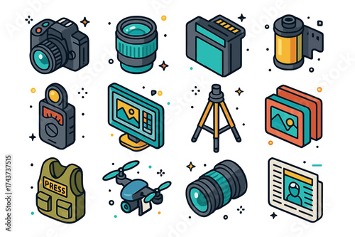 Photojournalism Icon Set. Photojournalism. Colorful isometric vector icons set of Photojournalism: DSLR camera, camera lens, memory card, photo roll, light
