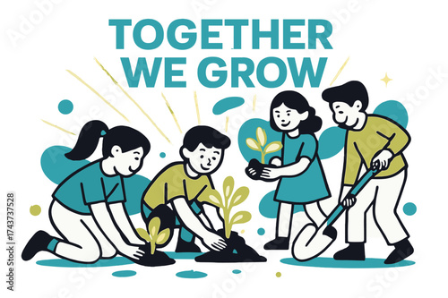 Children Planting Saplings. Reforestation. Group of children planting glowing saplings together, abstract sun