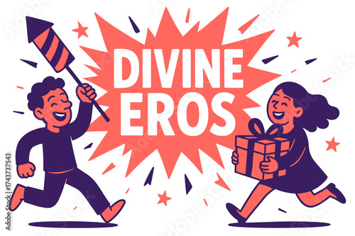 Divine Eros Celebration. Divine Eros banner, flat vector illustration, bold oversized text inside splash explosion, cartoon characters running and laughing,