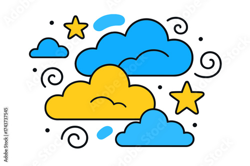 Dreamy Cloudscape Serenity. Dreamy clouds. Soft, glowing clouds drifting across the sky with abstract stars and gentle swirls floating to symbolize relaxation.