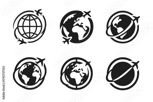 Global Travel Logos. Cross-cultural exchange programs. Set Logo of travel arrows: airplane paths circling around the Earth. harmonious logo variations of the