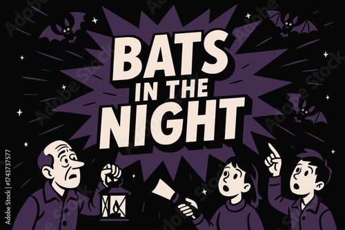 BatsInTheNight Banner. BatsInTheNight banner, flat vector illustration, bold oversized text inside splash explosion shape, cartoon characters pointing and