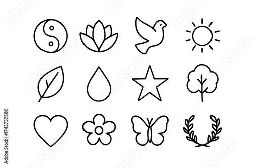 Icon Set_ Harmony. Harmony. Line outline icon set of Harmony: yin yang, lotus flower, dove, sun, leaf, water