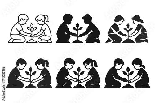 Kids Planting Trees. Children engaging in environmental conservation activities. Set Logo of Sustainability: kids planting trees. harmonious logo variations of