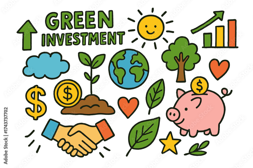 Fototapeta premium Green Investment Doodles. Green Investment. Colorful Hand-drawn doodle Children illustration plant, dollar sign, coin, globe, sun, cloud, tree, chart, arrow,