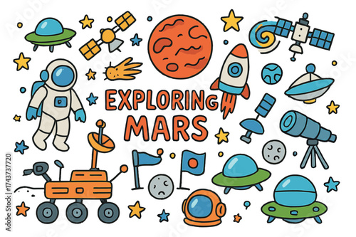 Cartoon Mars Exploration. Exploring Mars. Colorful Hand-drawn doodle Children illustration Mars rover, astronaut, planet, rocket, star, telescope, flag,
