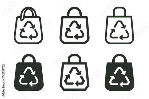Sustainable Logos Grid. Trade in eco-friendly products and sustainable merchandise. Set Logo of recycle bag: reusable shopping bag with eco symbol. harmonious