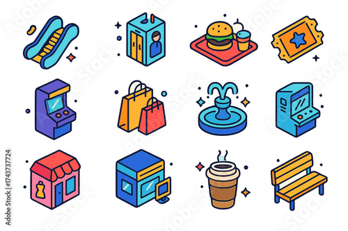 Colorful Mall Icons. Mall experience. Colorful isometric vector icons set of mall experience: escalator, elevator, food court tray, cinema ticket, arcade