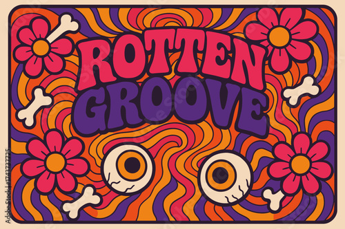 Funky Horror Disco. Rotten Groove ? 70s Poster, funky warped stacked letters, concentric swirls, groovy floral waves with bones and eyeballs,