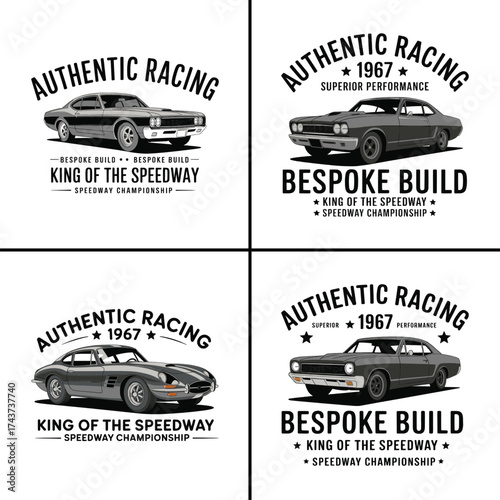 Authentic racing bespoke build vintage muscle car illustration with typography king of the speedway championship t shirt design