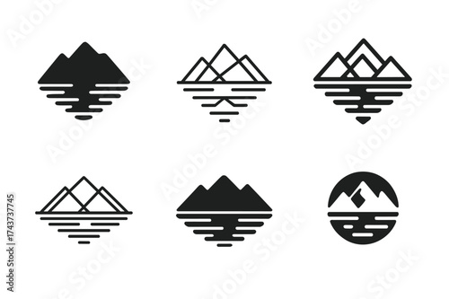 Mountain Reflection Logos. Mountain peaks. Set Logo of reflection: mountains mirrored in water below. harmonious logo variations of the same emblematic