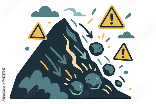Landslide Alert. Landslide danger. Mountainside collapsing with glowing rock icons rolling downward. Arrows