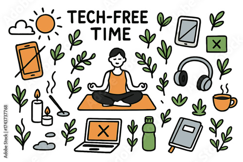 Tech-Free Mindfulness. Tech-Free Time. Hand-drawn doodle illustration tech-free time smartphone (accented), tablet, laptop (accented), meditation mat, yoga