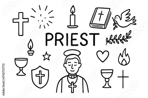 Doodle Priest Elements. Priest. Hand-drawn doodle illustration of Priest. cross, candle, bible, dove, rays of