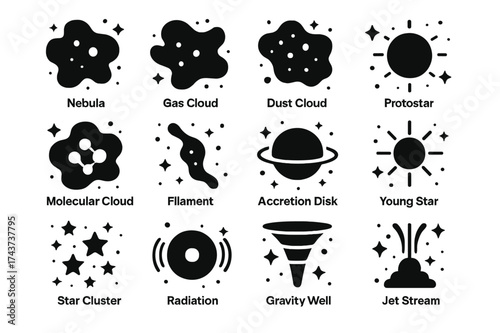 Stellar Nursery Icons. Stellar Nursery. Solid icons set of Stellar Nursery: Nebula, Gas Cloud, Dust Cloud, Protostar, Molecular Cloud, Filament, Accretion