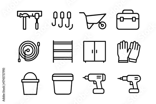 Equipment Storage Icons. Equipment storage. Line icon set of equipment storage: tool rack, hooks, wheelbarrow, toolbox, hose reel, shelving, cabinet, gloves,