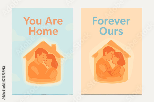 Soulful Home Banners. Soulmates. Two vertical A6 banners with safe margins, centered composition, no elements touching edges, pastel style, sky blue and peach,