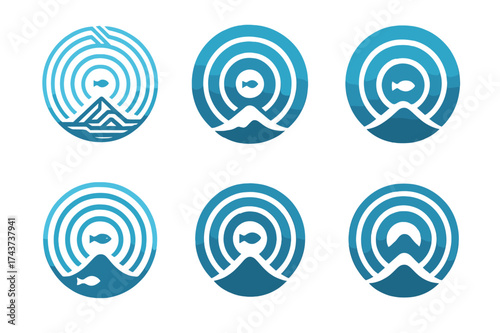 Ocean Sonar Logos. Exploration of ocean depths and undiscovered marine ecosystems. Set Logo of sonar waves: sonar signal radiating through water layers.