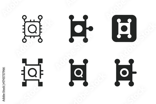 Quantum Computing Logos. Quantum computing in everyday technology. Set Logo of Quantum computing in everyday technology: Qubit microchip. harmonious logo