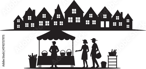 Farmer Market Silhouette With Houses Row in the Background