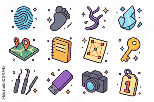 Colorful Clues Icons. Clues and Evidence. Colorful isometric vector icons set of clues and evidence: fingerprint, footprint, fiber strand, broken glass shard,