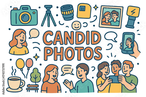 Candid Photo Doodles. Candid Photos. Hand-drawn doodle illustration of Candid Photos. Camera, tripod, lens,