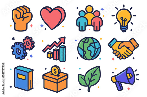 Empowerment Vector Icons. Empowerment. Colorful isometric vector icons set of empowerment: raised hand, heart, people group, light bulb, gears, chart, globe,
