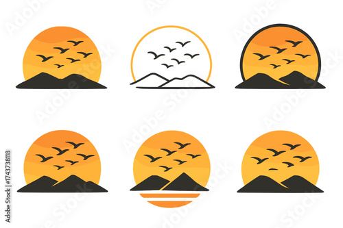 Bird Migration Logos. A flock of birds migrating across the sky at sunset, silhouetted against the colorful horizon. Set Logo of horizon line: stylized sun