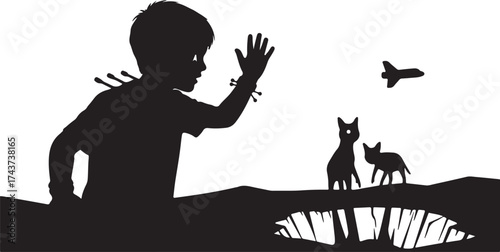 Silhouette of a young boy with arrows on his back waving goodbye to two dogs and a distant airplane in a surreal landscape