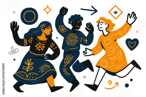 Vibrant Cultural Fusion. Cultural art fusion. Glowing abstract patterns inspired by different cultures, floating geometric shapes and vibrant colors