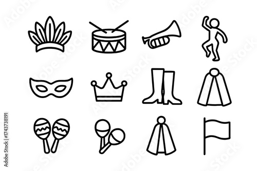 Parade Costume Icons. Parade costumes. Line icon set of parade costumes: feather headdress, drum, trumpet, dancer silhouette, mask, crown, boots, cape,
