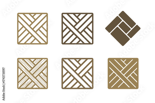 Deck Builder Logos. Deck builders constructing wooden decks. Set Logo of deck layout: top view of wooden planks arranged in pattern. harmonious logo variations